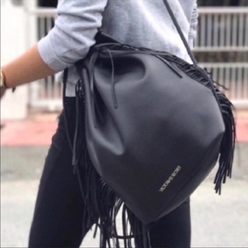 NWOT Victoria’s Secret VS Fashion Show black vegan leather fringe backpack